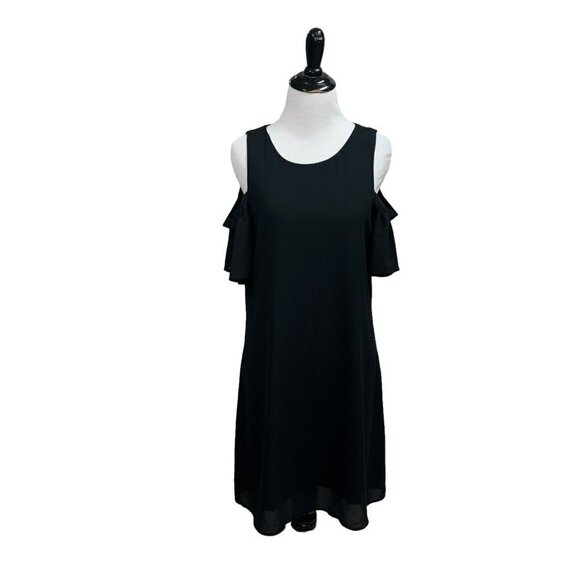 Worthington Women's Size 6 Open Shoulder Mini Dress Ruffle Sleeves Black Lined - Picture 1 of 8